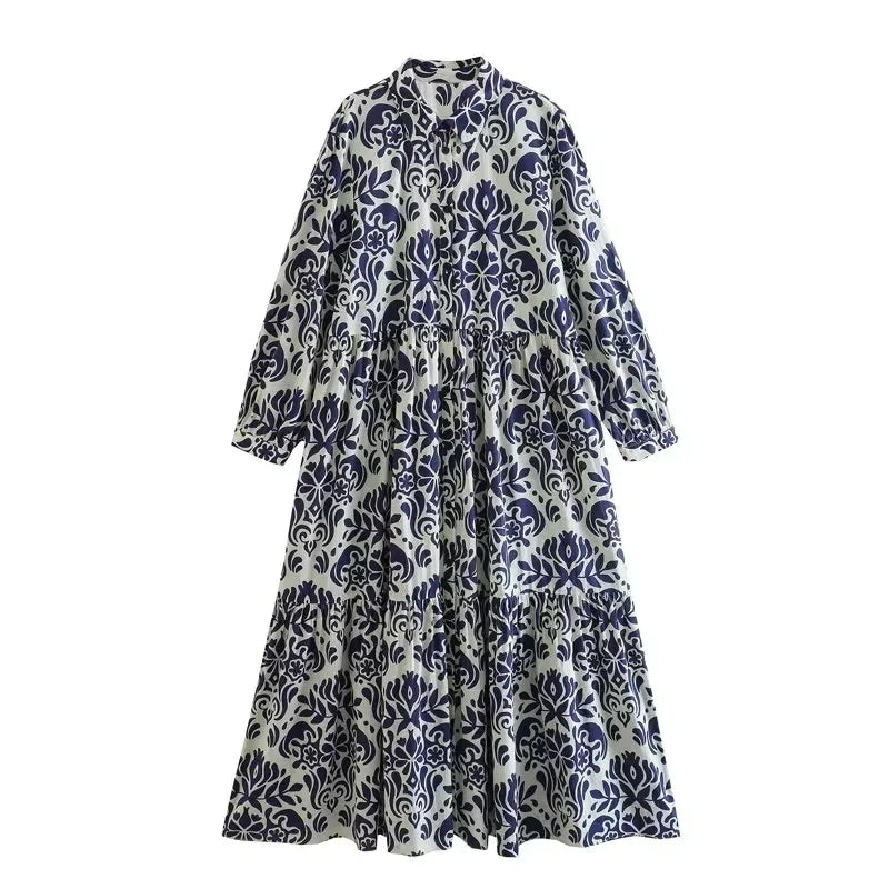 Foridol Blue Flower Print Vintage Casual Shirt Dress Women 2025 Single Breasted Loose Boho Maxi Long Vestidos Dresses Fashion
