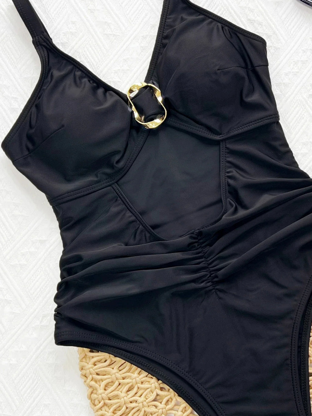 DEKA One Piece Swimsuit New Summer Retro Swimwear Sexy Solid Spaghetti Strap Hollow Out One Piece Swimsuit Women Beach Bikini