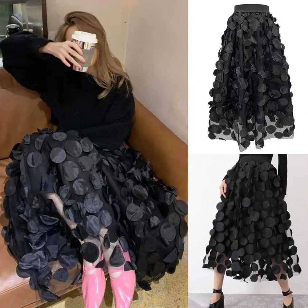 Women Summer Maxi Skirt Retro A-Line Large Hem Skirt Solid Color 3D Dot Decor High Waist Long Skirt