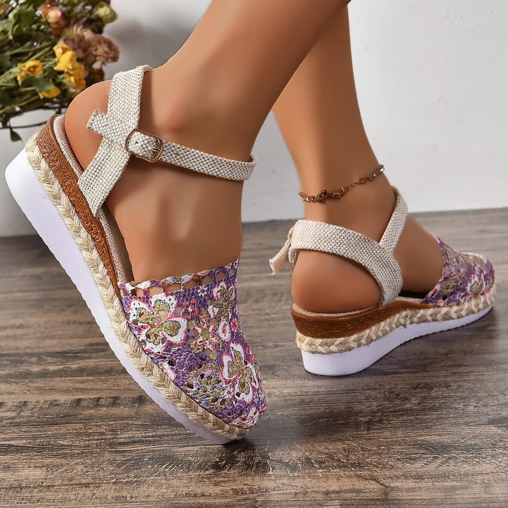 Hollow Fabric Roman Shoes Summer Travel Round Head Wedge Toe Fashion Sandals Comfortable Thick-sole Women's Shoes 2026