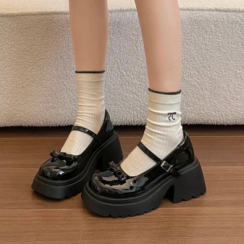 Japanese Style Bow Chunky Platform Pumps Women Ankle Buckle Thick Heels Mary Jane Shoes Woman Preppy High Heel Pu Leather Shoes