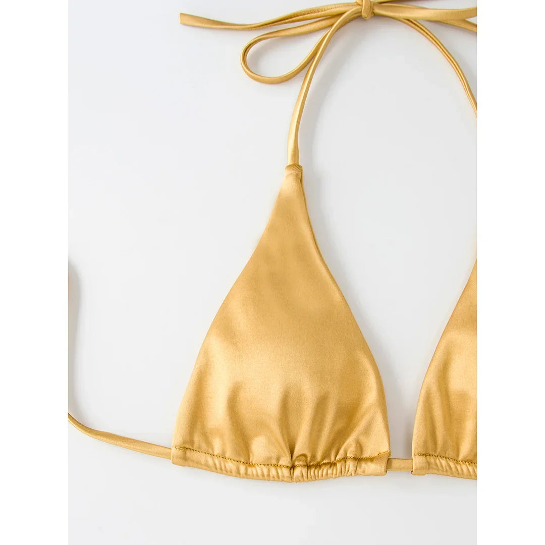 Sexy 13 Colors Halter Satin Brazilian Bikini Women Swimwear Female Swimsuit Two-pieces Bikini set Bather Bathing Suit Swim V4966