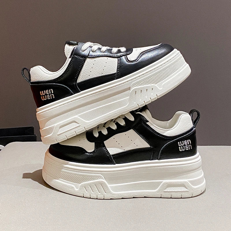 Pu Leather Thick Bottom Sneakers Women 2025 Breathable Platform Vulcanised Shoes Woman Womens All Match Lace Up Casual Sneakers
