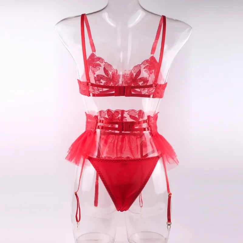 Toucheart 3 Piece Set Lingerie Garter Sets Lingerie For Woman Sexy Mini Skirt See-Through Embroidered Bra Erotic Underwear New