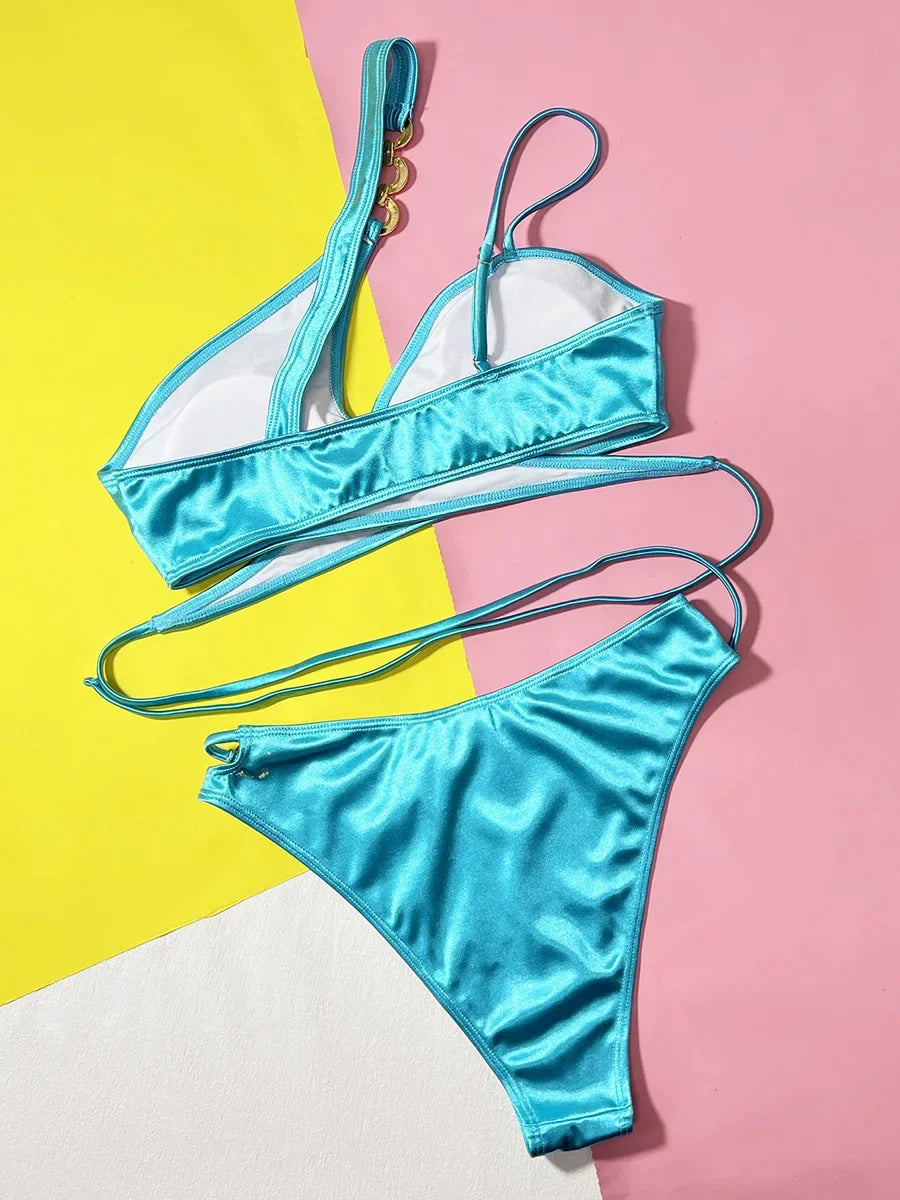 Asymmetrical Satin One Shoulder Bikini Female Swimsuit Women Swimwear Two-pieces Bikini Set Metal Chains Bathing Suit Swim Lady
