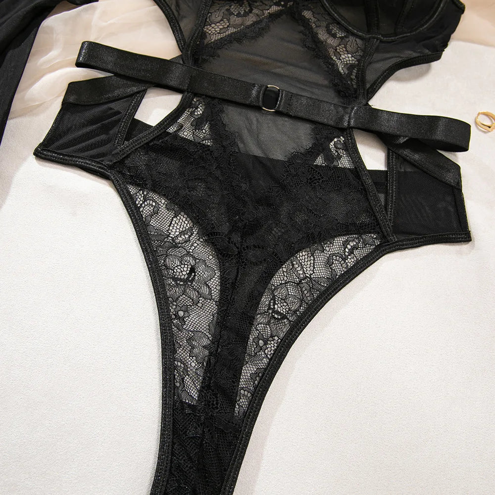 Women's Sexy Black Lace See-Through Jumpsuit - Hollow Mesh Shapewear Bodysuit for Special Occasions