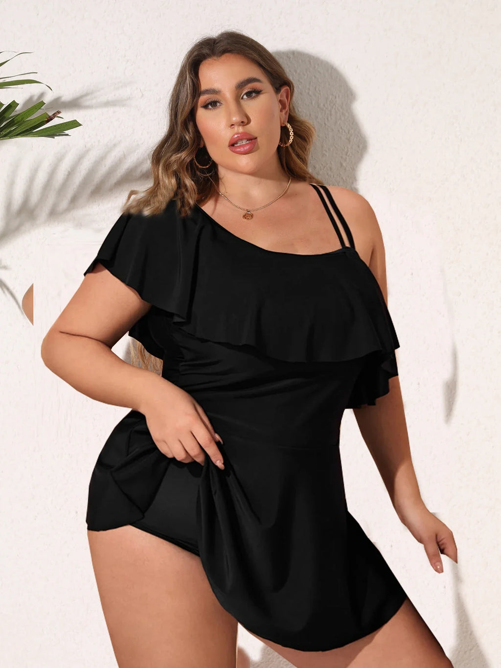 VigoJany 2026 Black Tankini Swimwear Women Plus Size Two Pieces Swimsuit Ladies Big One Shoulder Ruffle Tankini Bathing Suit