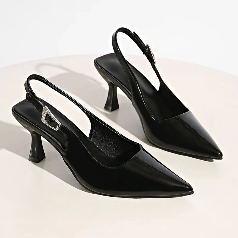 Sexy Black Pointed Toe Stiletto Heel Sandals Women Elegant Crystal Buckle High Heels Dress Shoes Woman Back Strap Mules Shoes