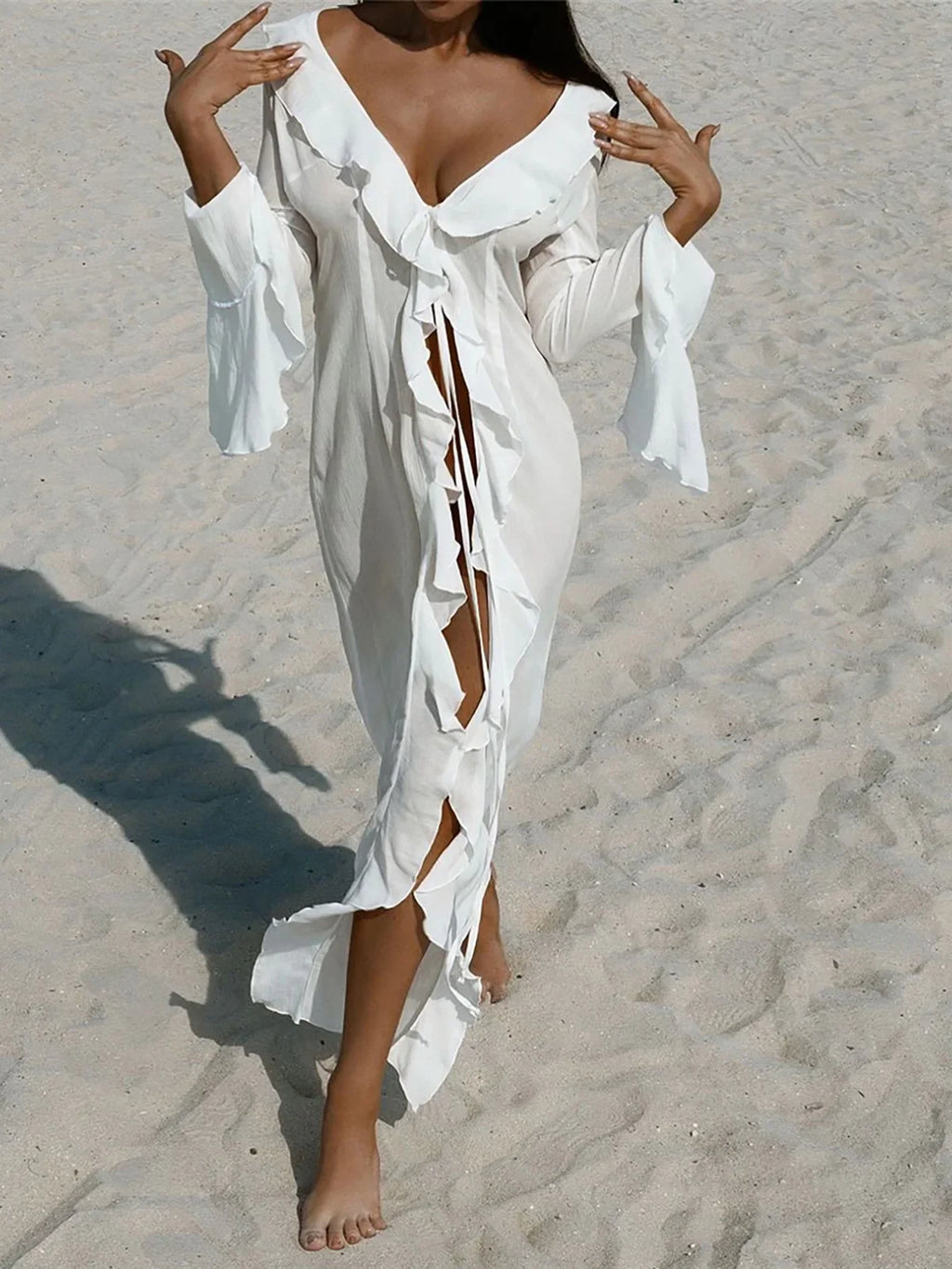 New Sexy V Neck Ruffled Long Sleeve Chiffon Tunic Beach Cover Up Cover-ups Beach Dress Beach Wear Beachwear Female Women V5976