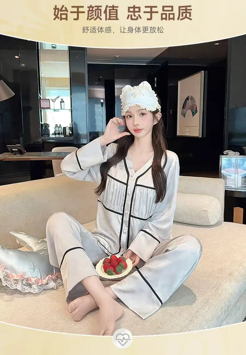 Spring and summer ice silk pajamas for women, sweet pajamas set, long sleeves and trousers, comfortable home clothes