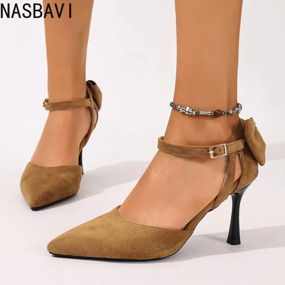 Flock Suede Female Sandals for Women Pointed Toe Stiletto Heel Buckle Strap Butterfly Knot OL Single Shoes Big Size 34-45 Sexy