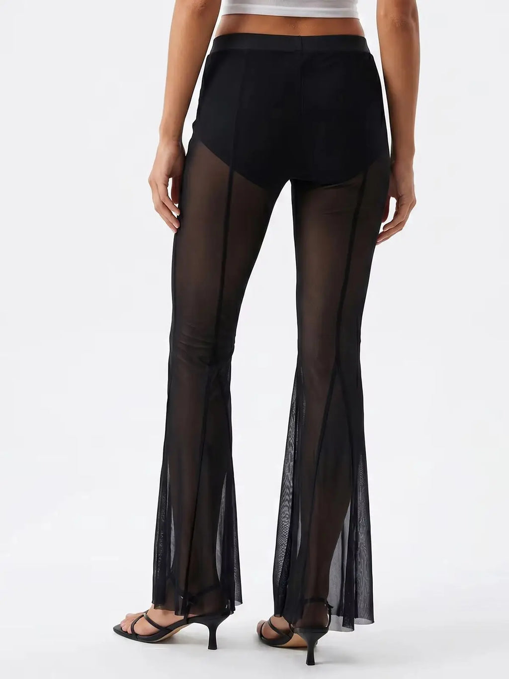 Fashion Women's Flared Pants Elastic High Waist Sheer Mesh Bell Bottoms Trousers Sexy Club Party Summer Streetwear