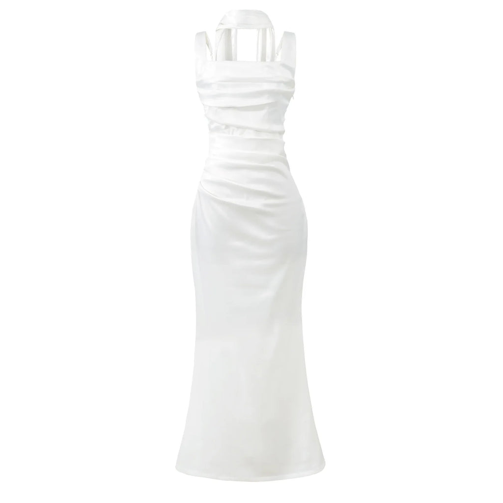 Pure Desire Style Collarbone-revealing Strapless Long Dress Feminine And Slim-fitting With Pleated Waist Tie Straps Bodycon LWIO