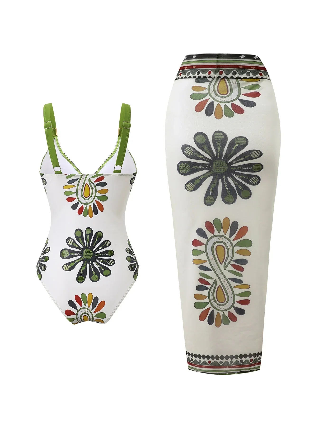 Vintage Green Floral Print Swimwear Long Skirts Sets 2026 Women V Neck Slim Tummy Control One Piece Swimsuit Beach Bathing Suits