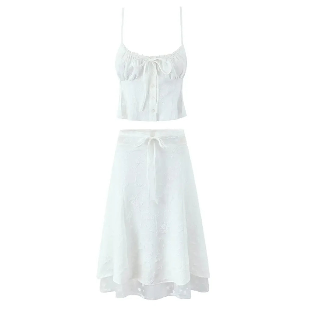 Foridol Summer White Dress Set Women 2pcs Matching Set Skirt Outfits Spaghetti Strap Top+skirt Set Vacation Beach Dress 2025