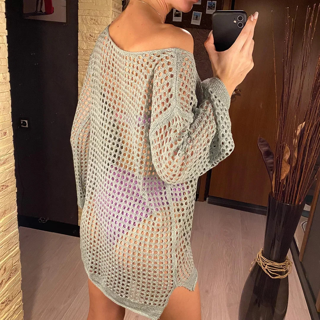Long Sleeve Hollow Out Top Crochet Knitted Tunic Beach Cover Up Cover-ups Beach Dress Beach Wear Beachwear Female Women V4250