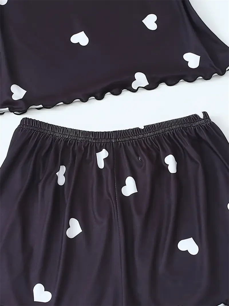Women's Two-Piece Pajama Sets Summer Sleepwear Suspender Heart Printed Top and Shorts Casual Home Clothes Loungewear