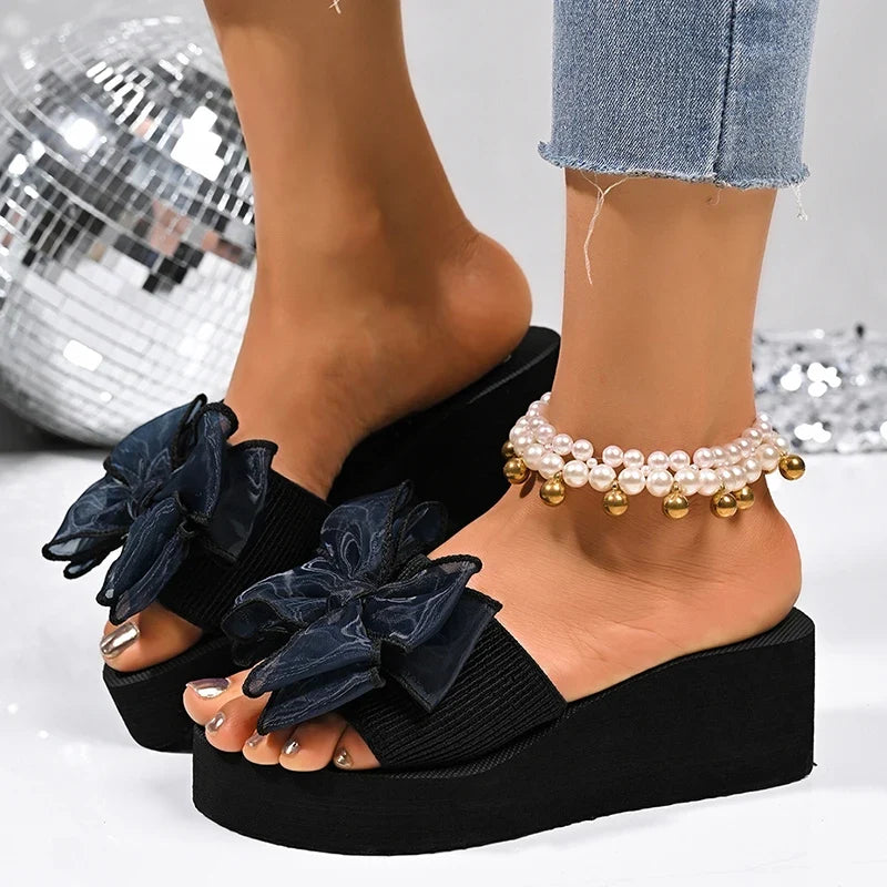 2026 Summer Big Bowknot Platform Slippers Women Plus Size 42 Open Toe Wedges Sandals Woman Lightweight Casual Beach Flip Flops