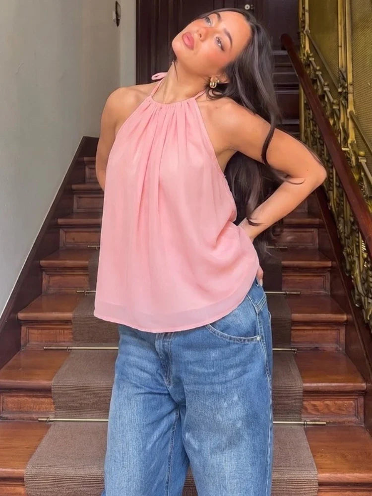 FDYOUI Women's Halter Off Shoulder Camisoles 2026 Summer Sexy Lace-up Backless Pink Tank Top Girls Loose Solid Tops Streetwear