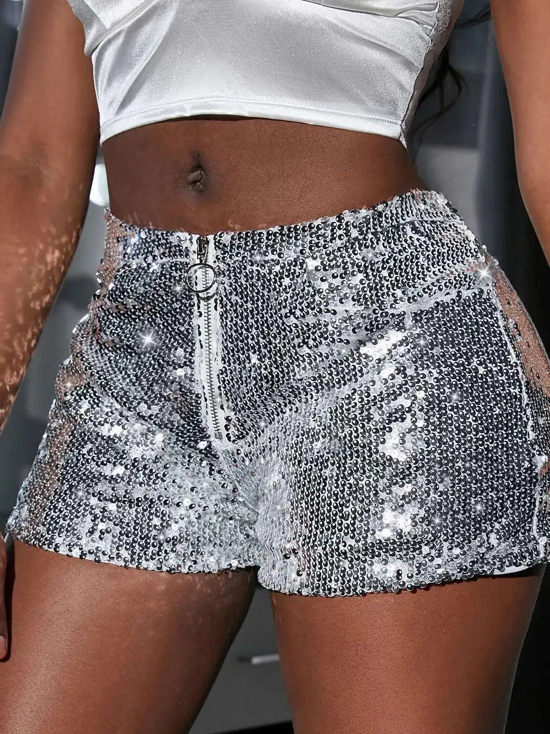 New Versatile Sequins High Waist Shorts Casual Shorts Bar Dance Performance Shorts Shine Zipper Sexy Pure Desire Nightclub XMWV