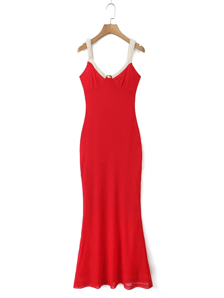 V Neck Spaghetti Strap Red Party Women's Dress Flower Decor Elegant Sleeveless Bodycon Maxi Vestidos 2025 Beach Casual Long Robe