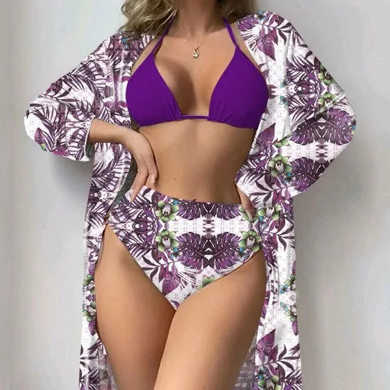 Fashionable Bikini Cover Up Three Piece Set Women Swimsuit Net Shirt High Elasticity Polyester Fabric with Chest Pad Bikinis Set