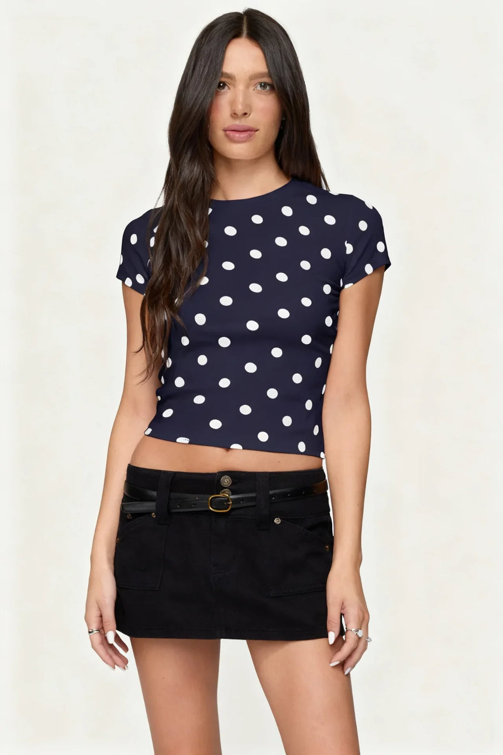 Women's summer fashion retro polka dot short-sleeved printed slim round neck top