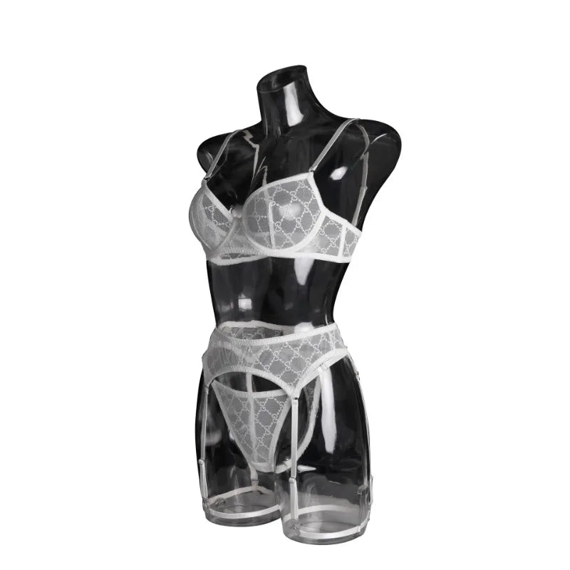 Toucheart Sexy Lingerie Set for Women Solid Color Mesh See-through Plunge Women's Sexy Garters Interesting Underwear 3-piece Set