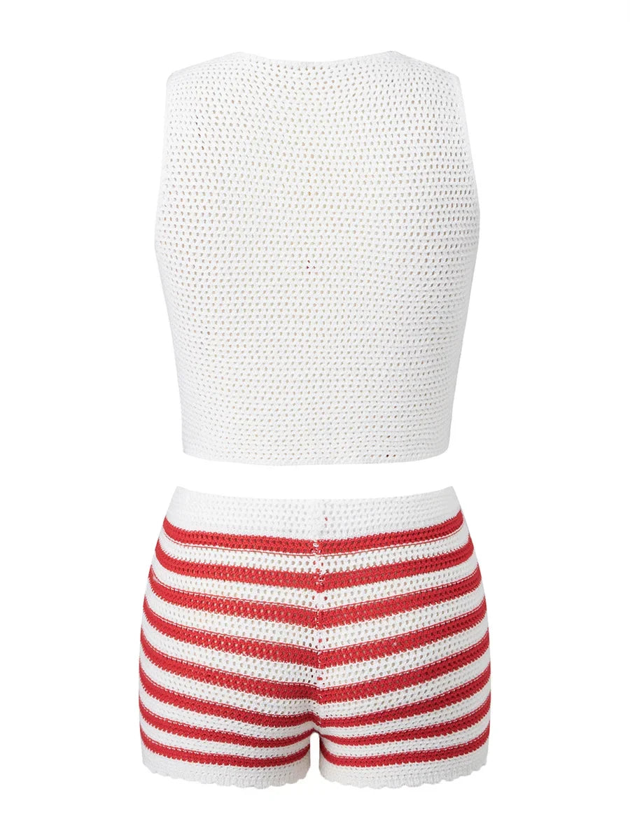 Women Knit 2 Piece Sets for Independence Day Sleeveless V Neck Tank Tops and High Waist Shorts Sets Summer