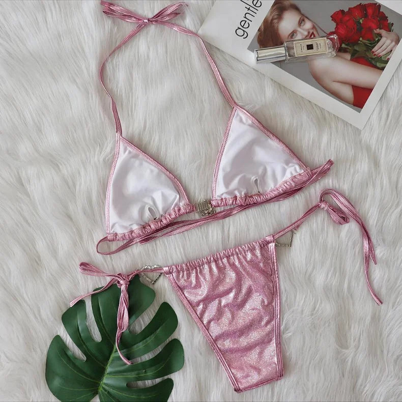 Bikini 2026 Sexy Heart-shaped Rhinestone Tassel Shining Fabric Solid Swimwear Swimsuit Women Bikini Set Bathing Suit Bikini Luxe