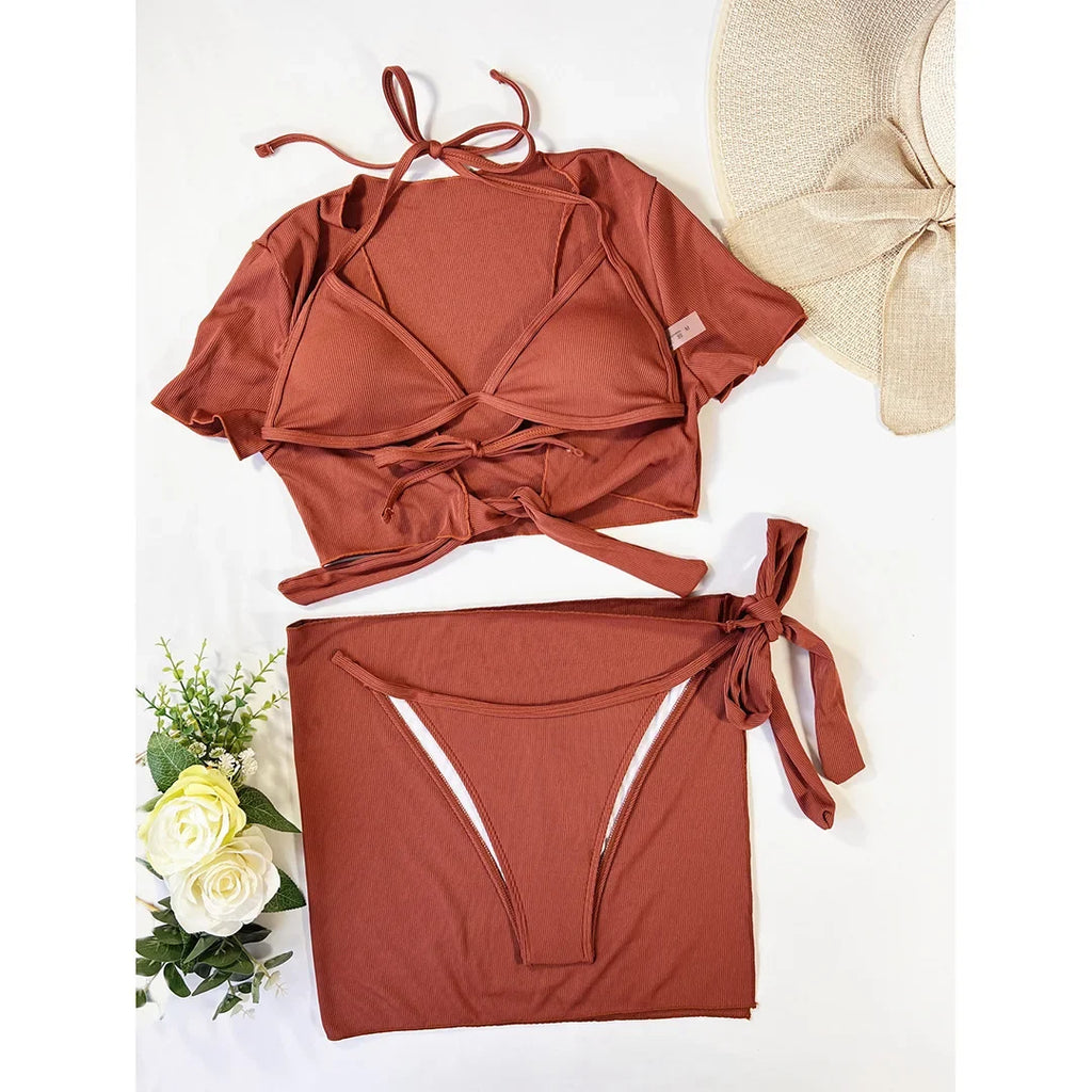 XS - L Ribbed Halter Bikini Women Swimwear Female Swimsuit Four-pieces Bikini set With Sarong Bather Bathing Suit Swim V3152B