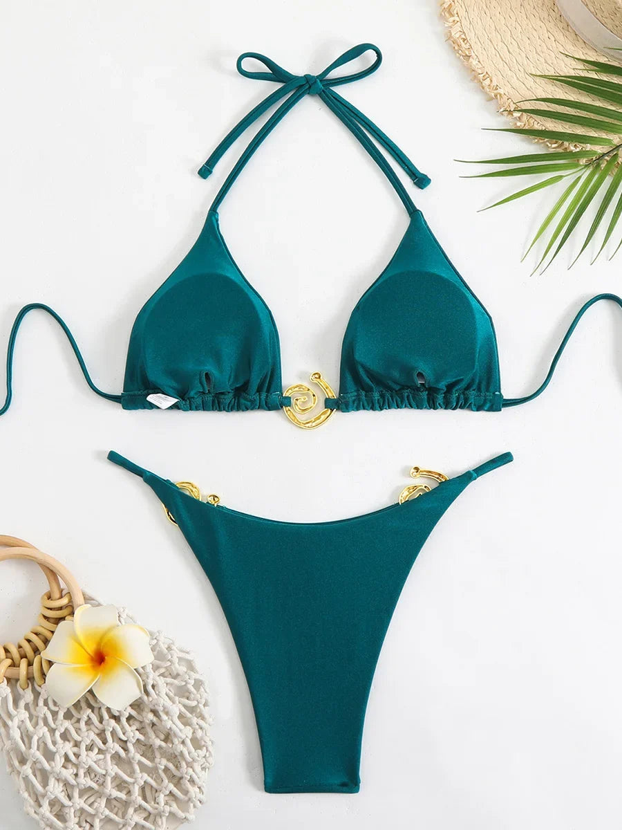 Shiny Sparkling Halter Metal Ring Bikini Women Swimwear Female Swimsuit Two-pieces Bikini Set Brazilian Bather Bathing Suit Swim