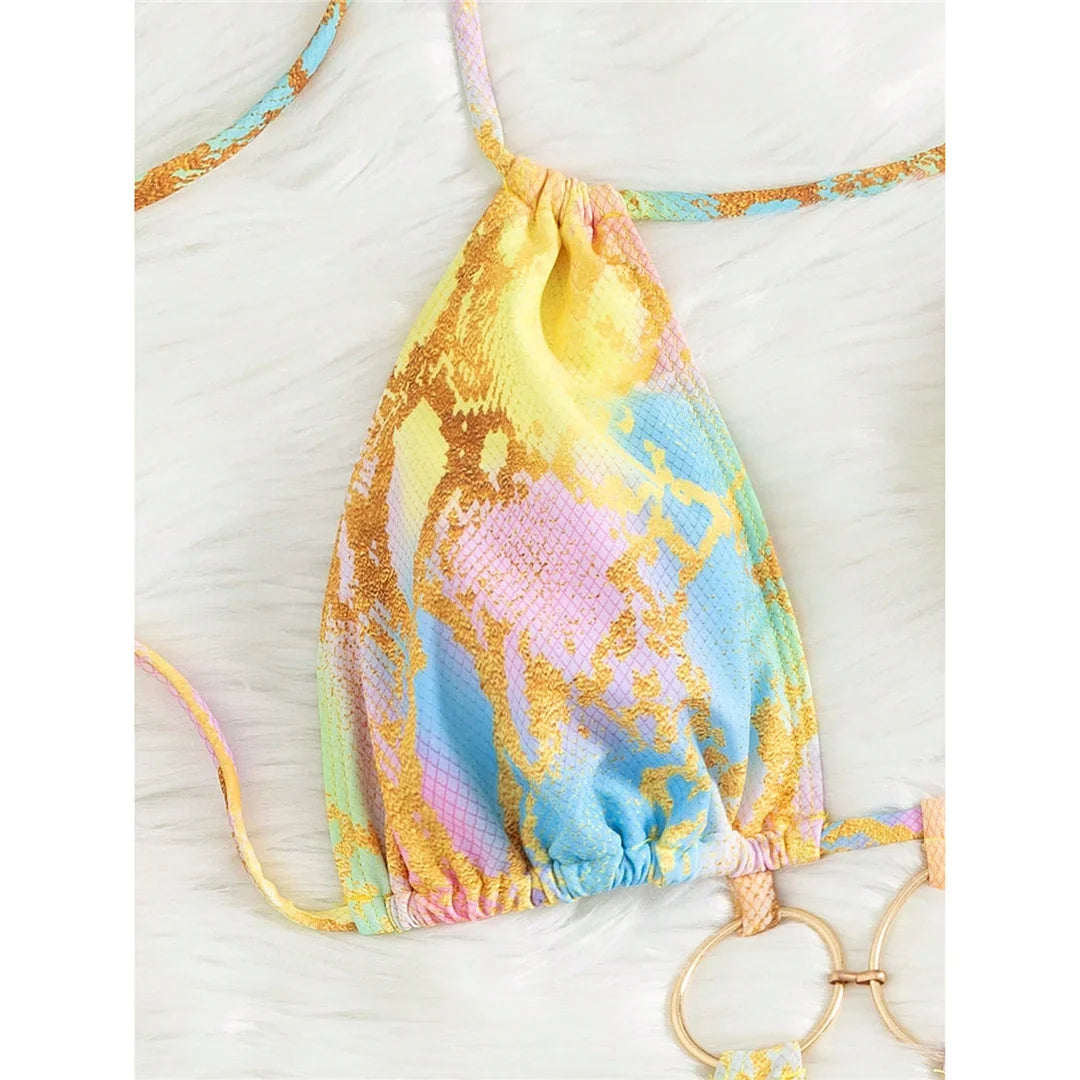 S - XL Printed Halter Metal Rings One Piece Swimsuit Women Swimwear Female Monokini High Leg Cut Bather Bathing Suit Swim V7721