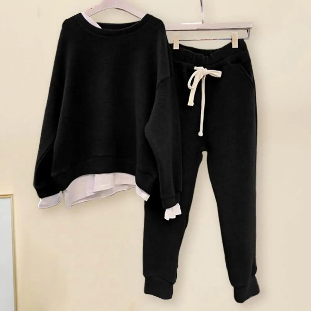 2 Pcs/Set Women Sweatshirt Pants Set Fake Two-piece Crew Neck Loose Elastic Waist Drawstring Casual Women Autumn Tracksuit