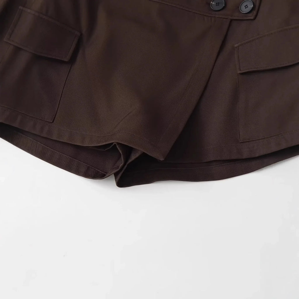 Women's Workwear Skirt-pants Dark Brown Wrap Design Cargo Skort With Pockets For Women High Waist Summer Shorts Elegant 56S3