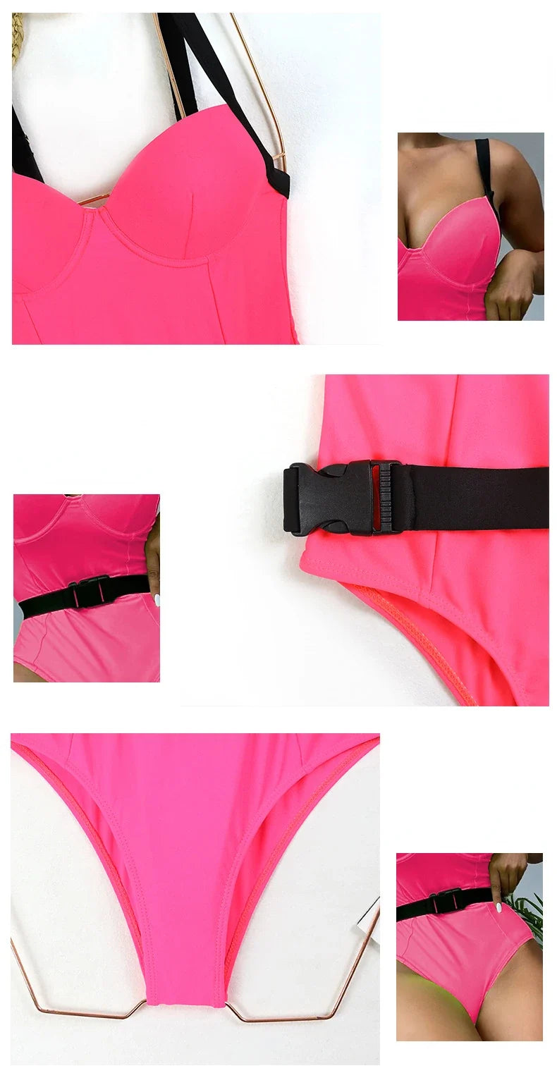 2026 New One Piece Swimsuit Swimwear Women Sexy Push Up Solid Bathing Suit Beachwear with Removable Belt Costumi Da Bagno Donna