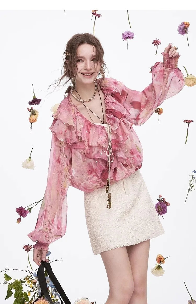 Ladies French ruffled chiffon shirt spring new temperament top