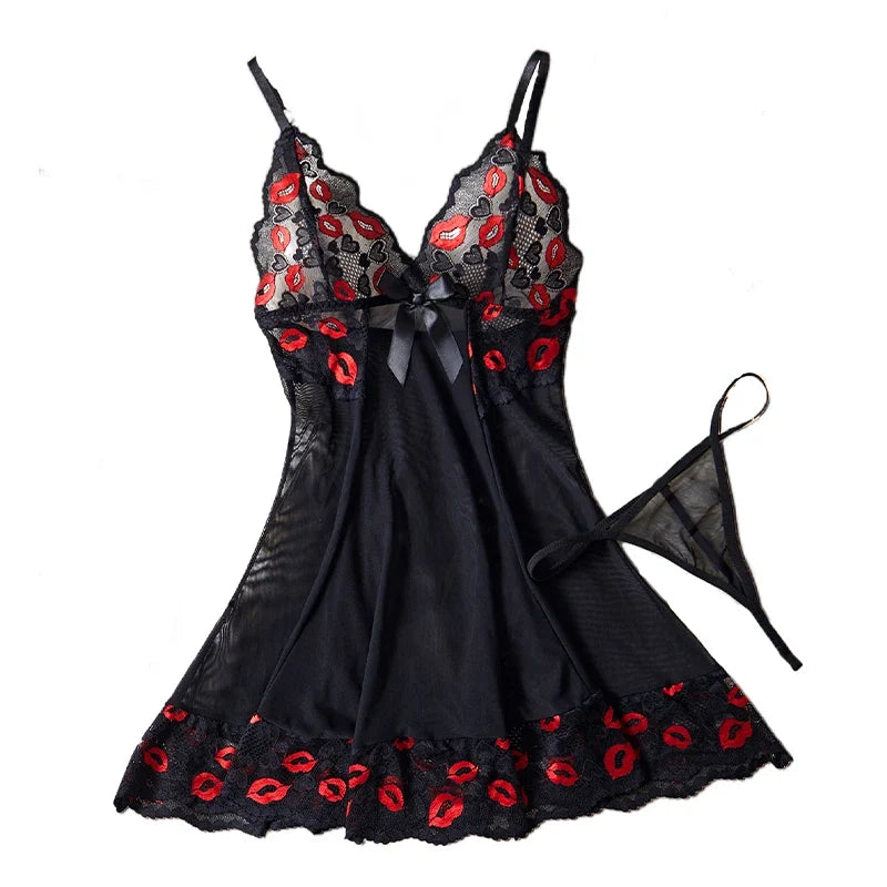 Hot Red Lips Lace Contrasting Sexy Babydoll Dress Mesh Slimming Erotic Lingerie With Thongs Sex Night Costumes