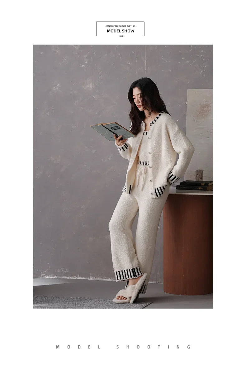 Women's Autumn and Winter Pajamas 3-Piece Set Soft and Half Velvet Thickened and Warm
