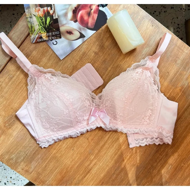 Wireless French Bralette for Small Chest, No Adjustable Push Up Lace Bra Set, Comfort Sexy Non Padded Lingerie for Women MOYISU