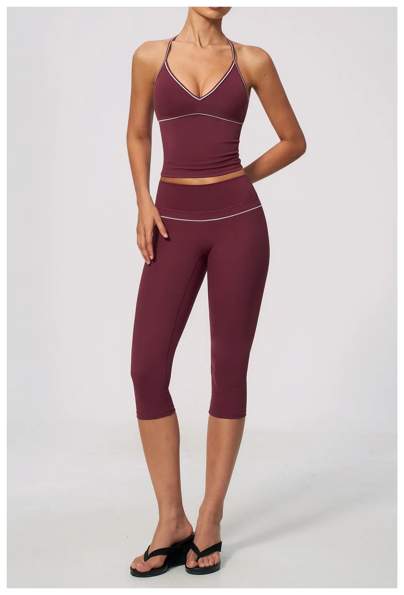 Summer Color Blocking Yoga Suit Women Tracksuit Hanging Neck V Neck Slim Sports Vest Tight Hip Lifting Capri Pants Fitness Sets