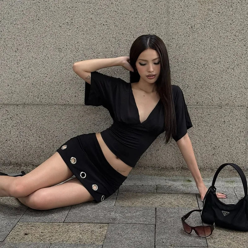 FDYOUI Woman Clothes V-neck Half Sleeve Cropped T-shirts Fashion Lace-up Backless Solid Corset Tops Y2K Streetwear Lady T Shirt