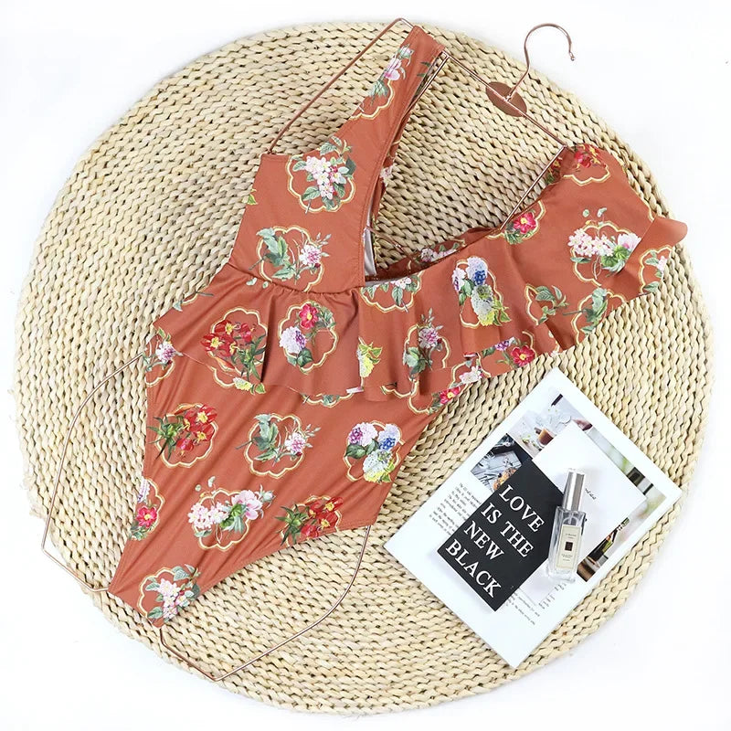 New Sexy One Piece Swimsuit Swimwear Women V-neck Multi-layer Big Ruffle High Waist Flowers Print Beachwear Bathing Suit 2026