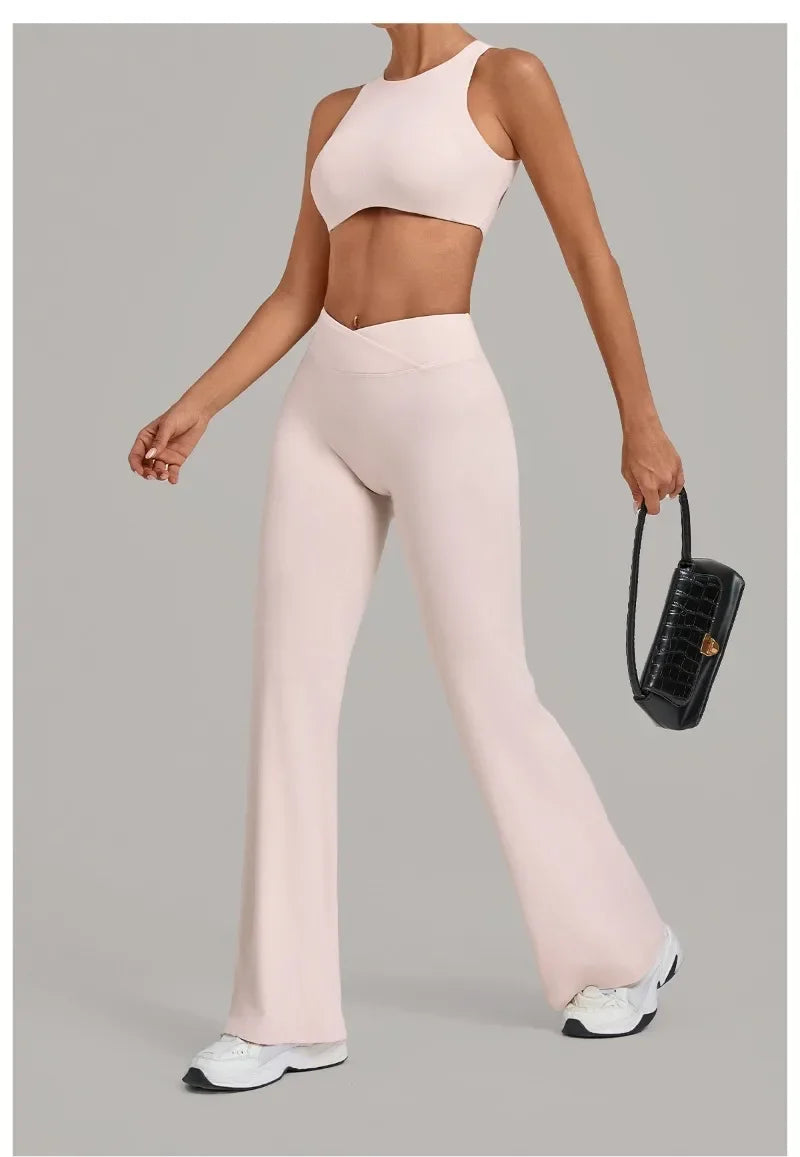 Women's Seamless Yoga Sets Sports Gym Fitness High Waist Hip-lifting Flared-pants Sleeveless Vest Workout Training Running Suits