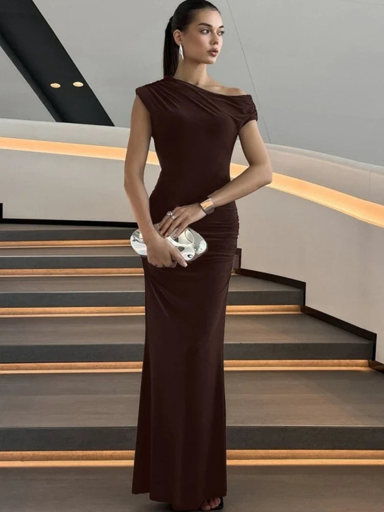 FDYOUI Woman Clothes Diagonal Collar Ruched Brown Long Dresses 2026 Summer Lady Chic One Shoulder Sleeveless Tunics Party Dress