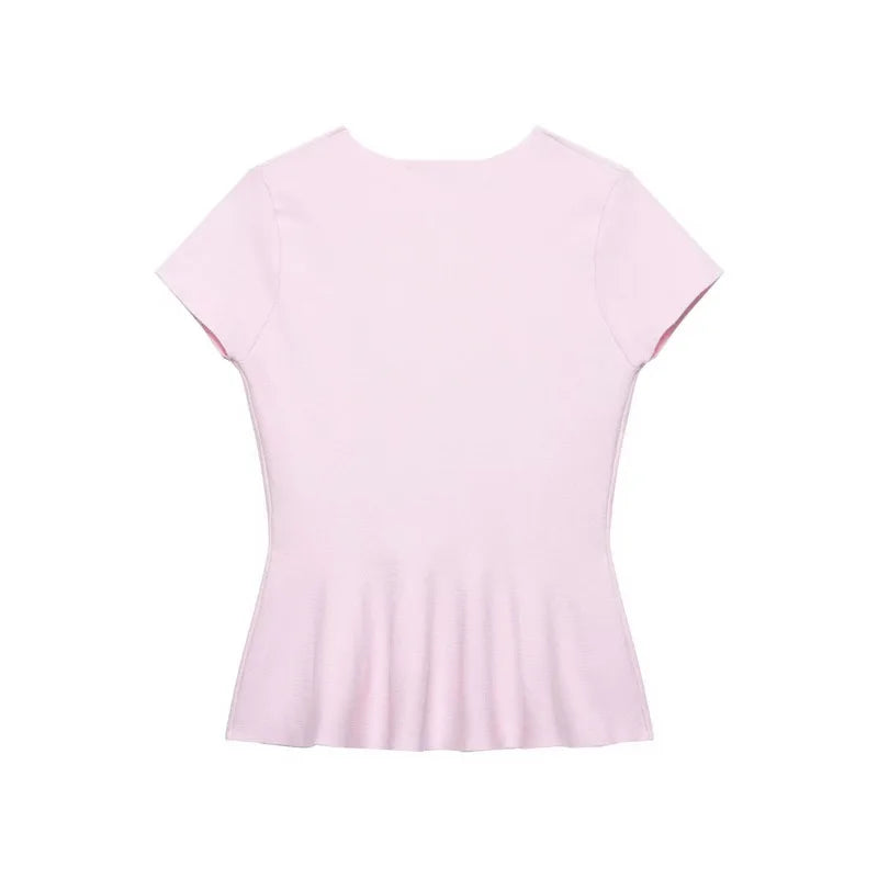 Women's Fashion Skirt Knit Top Women Pink Solid Color V Neck Short Sleeve Knit Top Hem Slim Fit Casual Elegant For Summer HFZN
