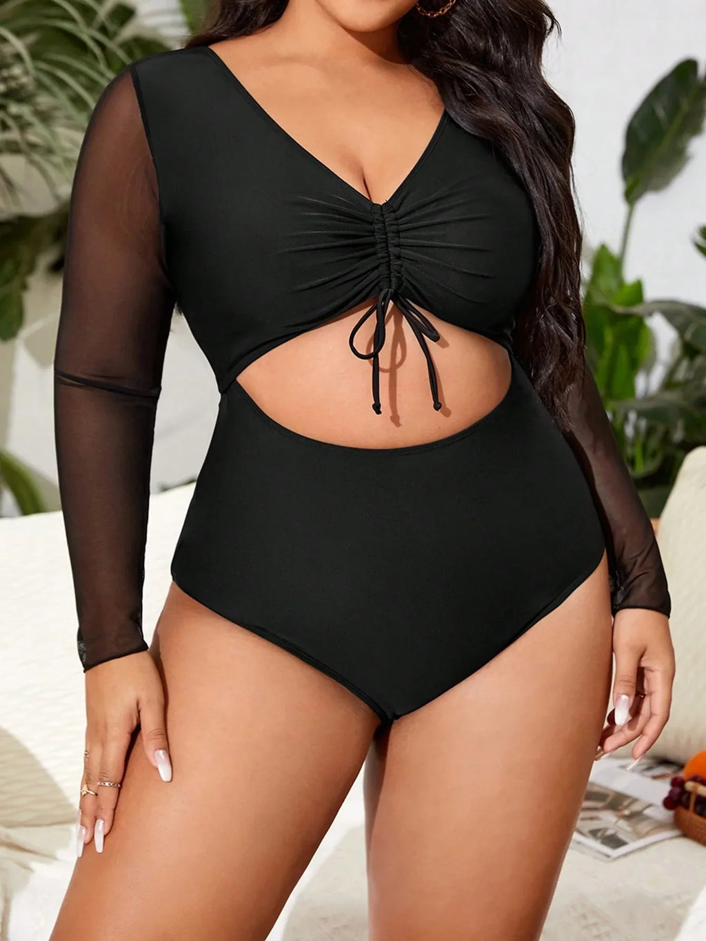 VigoJany 2026 Sexy Black Long Sleeve Plus Size Swimwear Women Hollow Push Up One Piece Swimsuit Patchwork Backless Bathing Suit