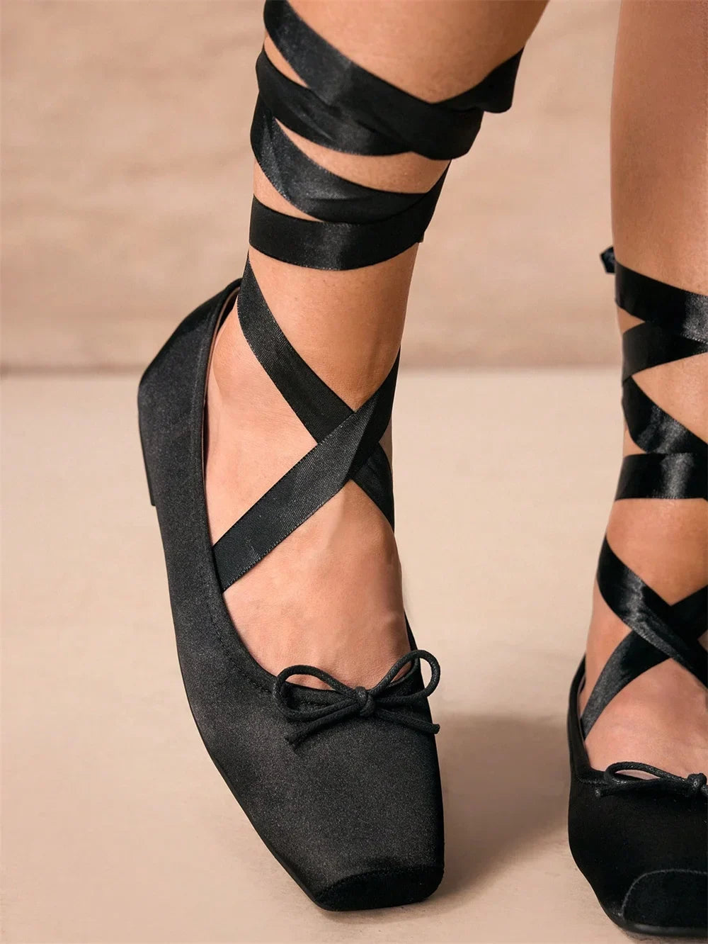Balletcore Style Satin Lace-Up Flats for Women Black Ballerina Bow Detail Square Toe Ankle Wrap Ribbon Ballet Coquette Shoes