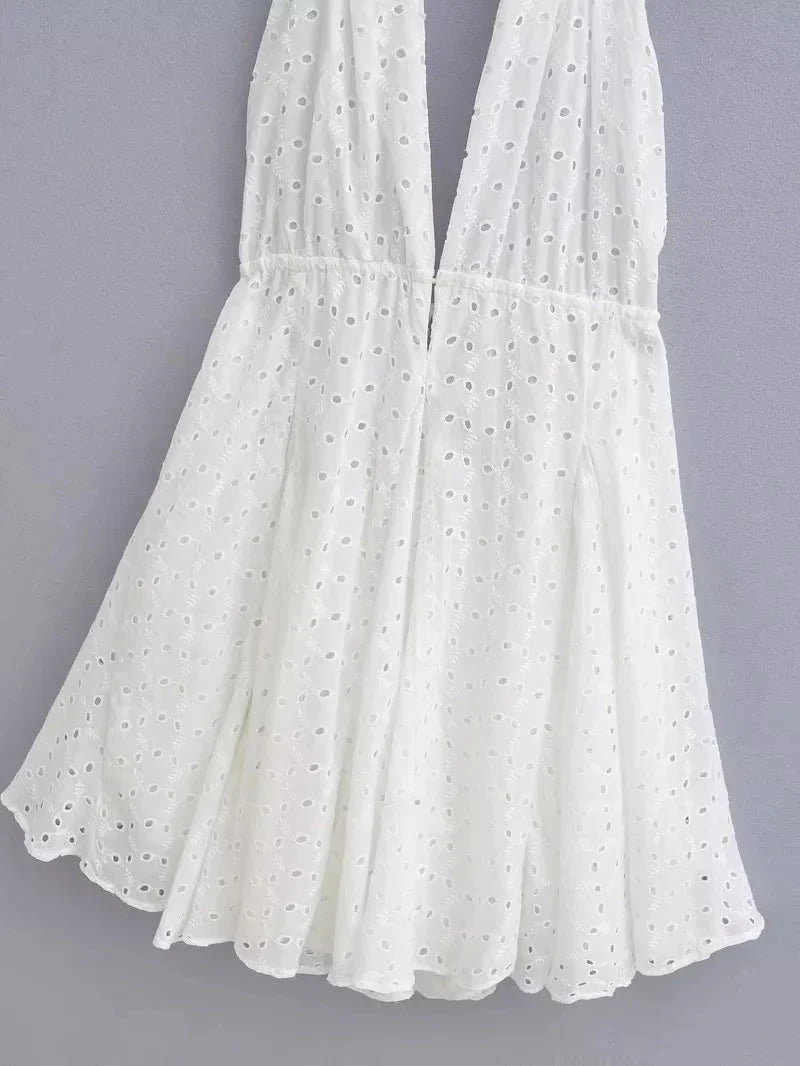 Foridol White Beach Summer Dress Women Backless Cotton Lace Short Autumn Sundress Women Clothing Halter A-line Pleated Dress