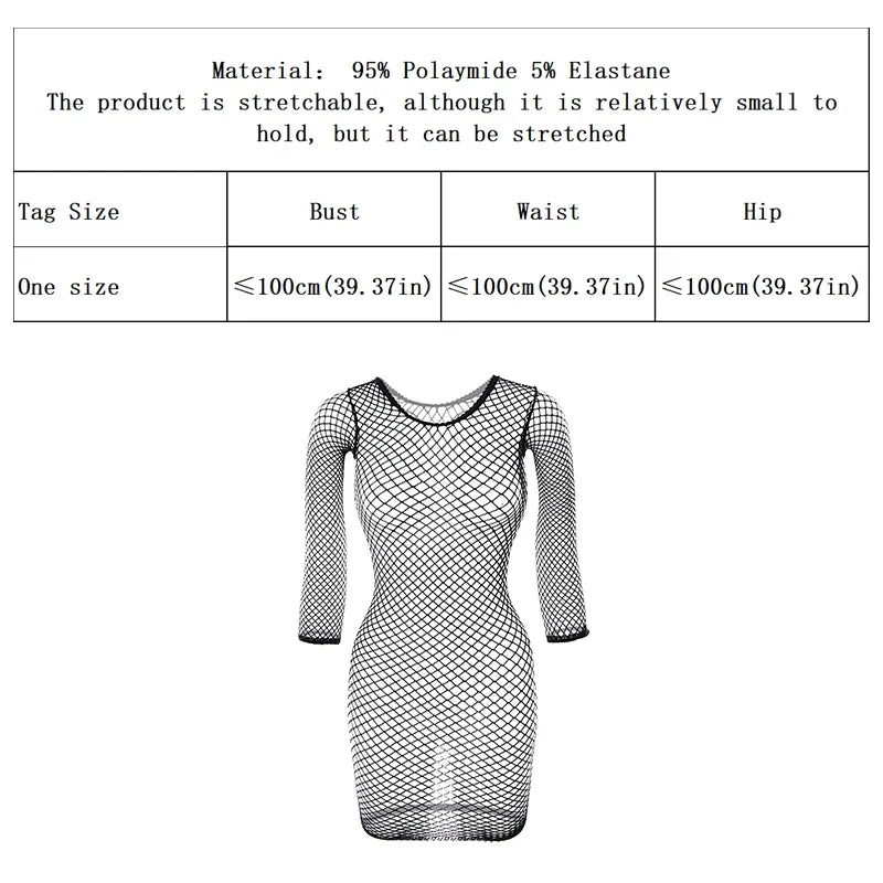 1PC Women Sexy Fishnet Beach Cover Up Long Sleeves Hollow Out Bodycon Dress See Through Summer Swimwear